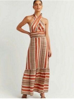 Dissh Frida Striped Linen Halter Midi Dress Size 10